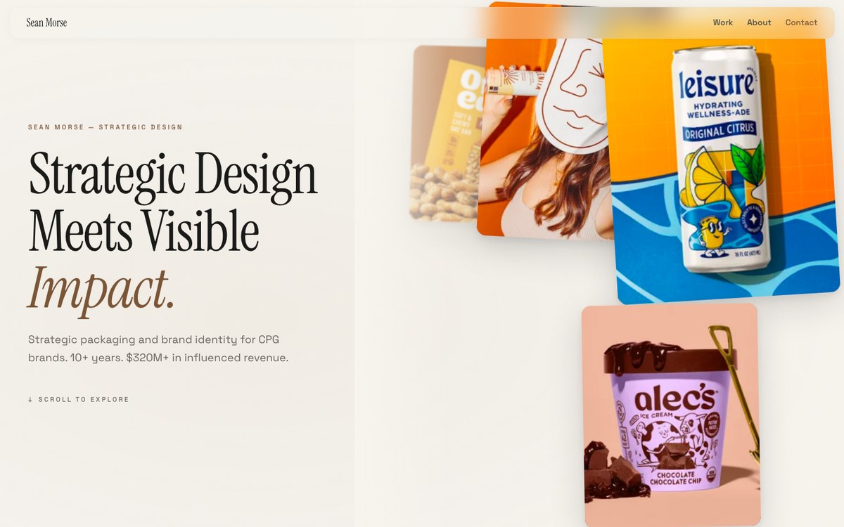Sean Morse portfolio site, cinematic editorial layout in dark mode
